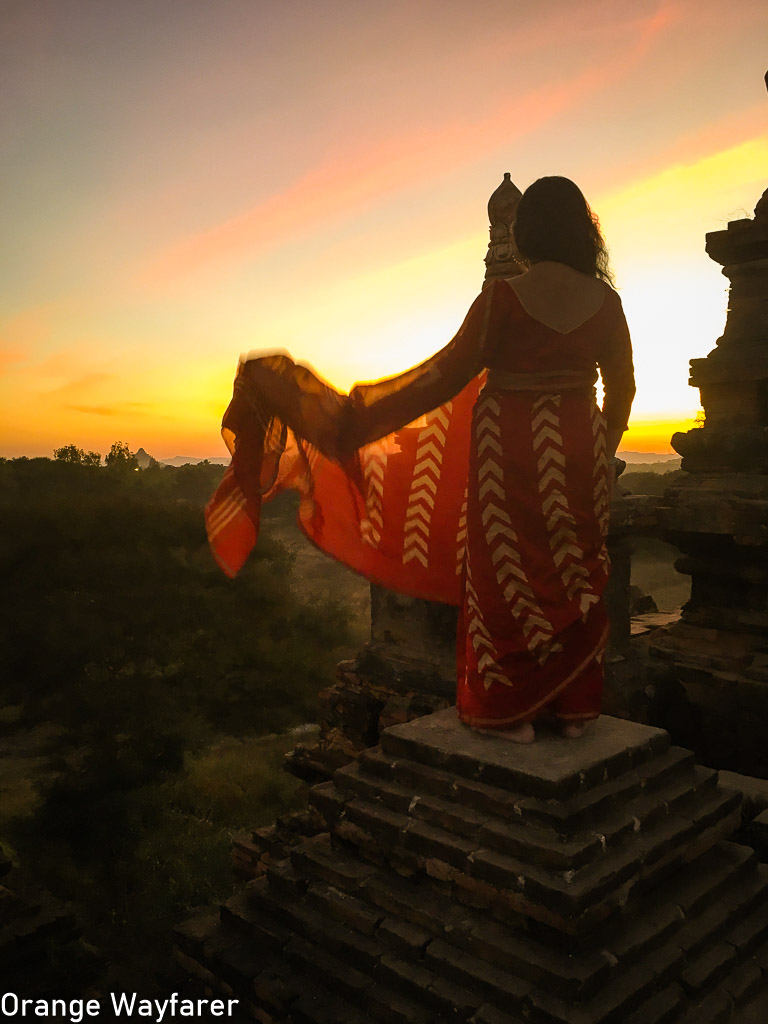 Styling a red Bapta silk Saree at bagan, Myanmar